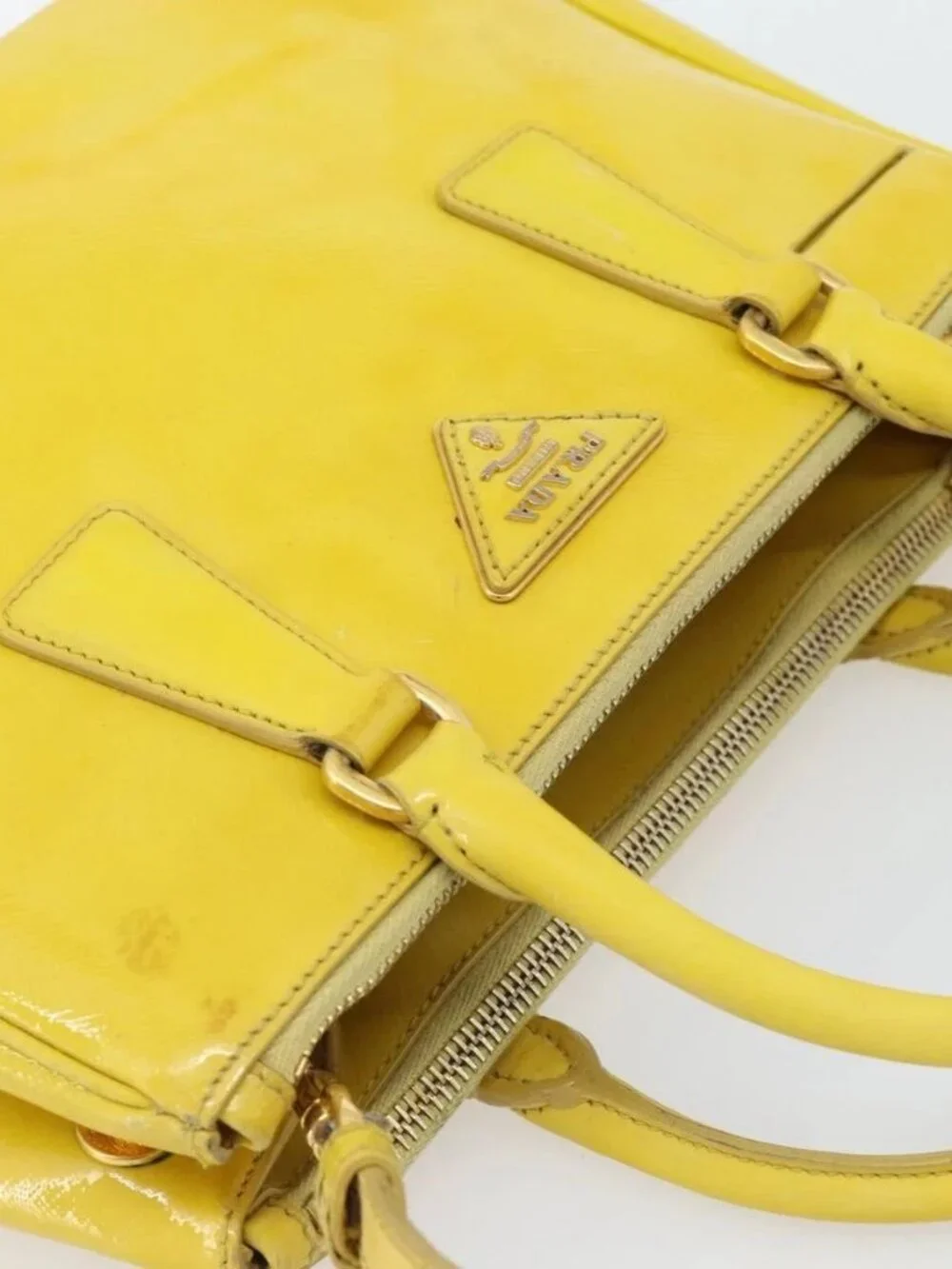 PRADA Galleria Hand Bag Patent Leather 2way Yellow Gold Auth